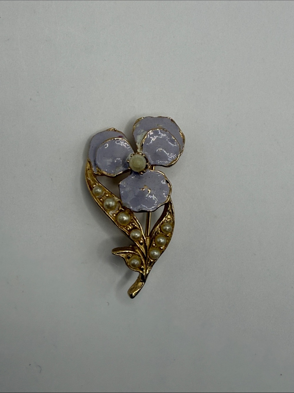 Vintage Gold Tone Lilac Purple Faux Pearl Flower Floral Small Brooch Pin